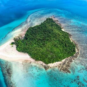 Aerial view of Bamboo Island and its ring of white sand