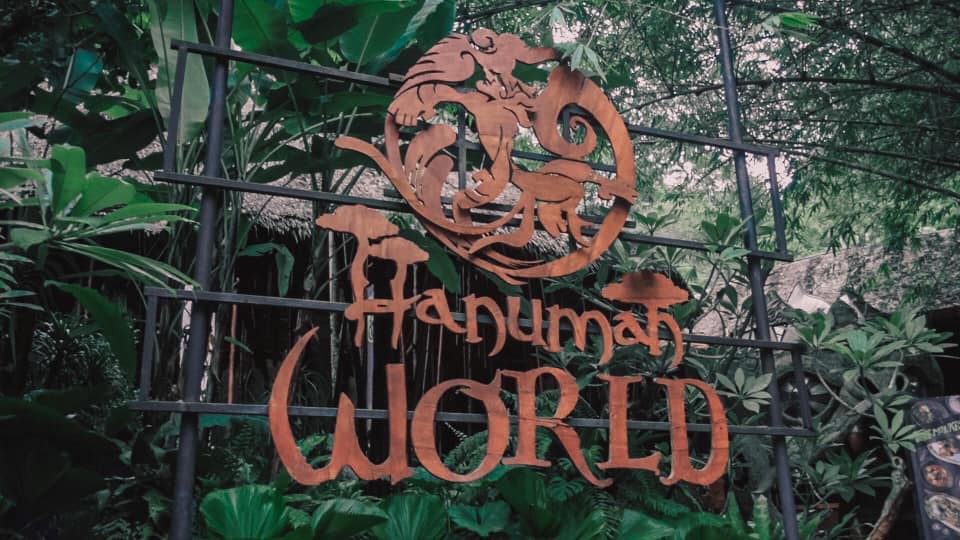 Hanuman World sign in the rainforest