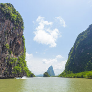 Limestone cliffs rising from Phang Nga Bay