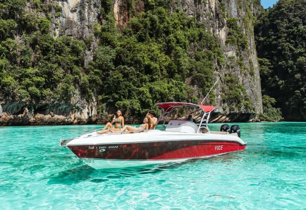 Private speedboat in a turquoise lagoon