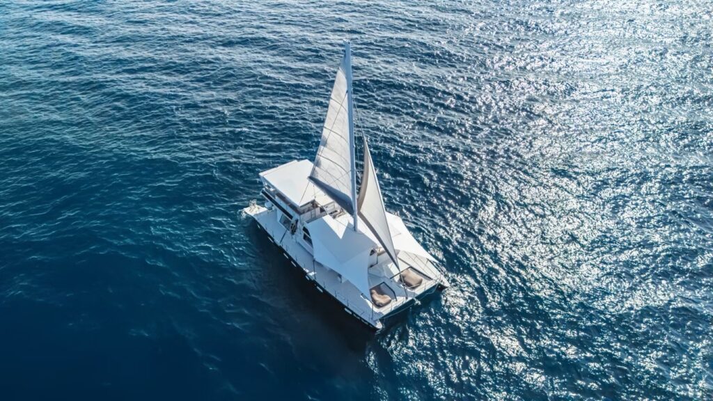 Luxury yacht under sail near Phuket, seen from above