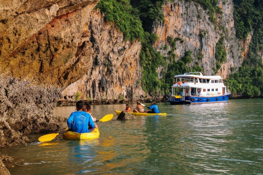 Guests kayaking with the tour boat behind them