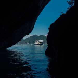 Looking out from a sea cave to the bay