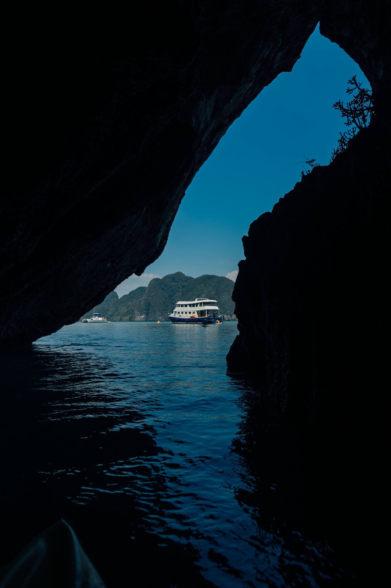 Looking out from a sea cave to the bay