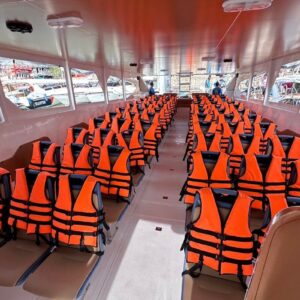 Covered speedboat seating with a life jacket for every guest
