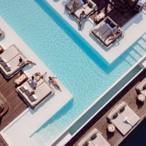 Aerial view of the infinity pool and daybeds