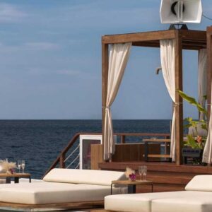 Poolside cabanas on the waterfront