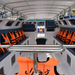 Seating and life jackets inside a private speedboat