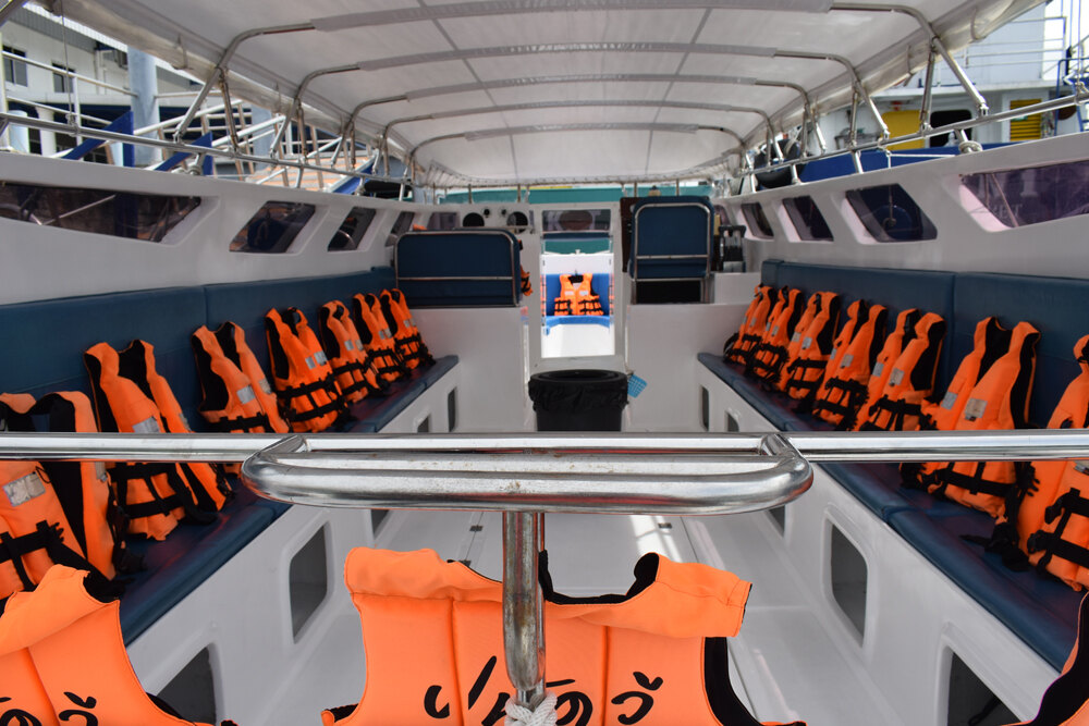 Seating and life jackets inside a private speedboat
