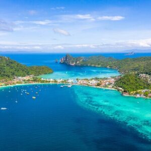 Aerial view of Phi Phi Don and its twin bays