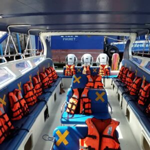 Cabin of a three-engine speedboat with life jackets ready