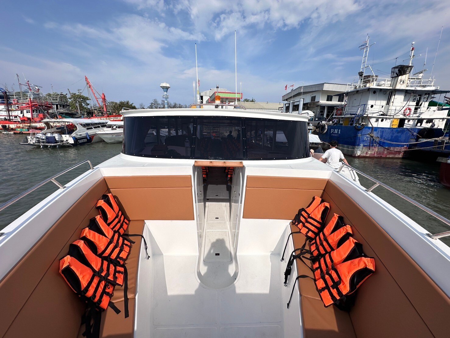 Open rear deck of a large four-engine speedboat