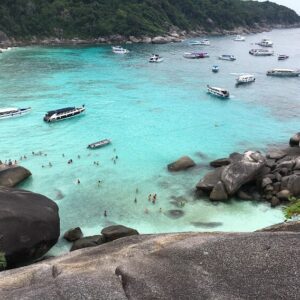 Boats in the turquoise bay below Sail Rock, Similan Islands