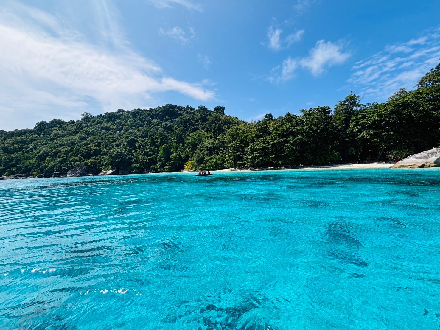 Forested island and clear shallow water in the Similan Islands