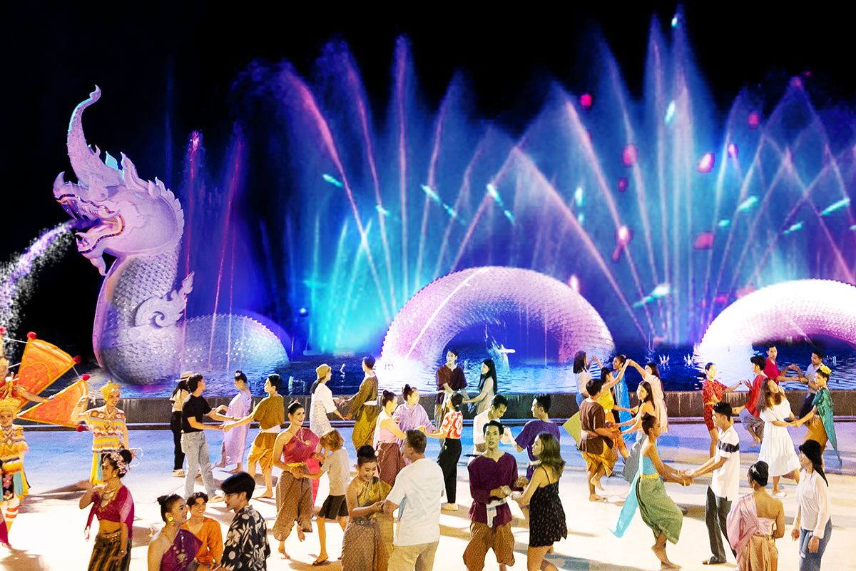 Naga courtyard fountain show at Siam Niramit Phuket