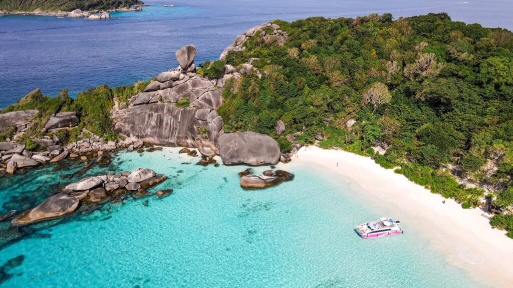 Aerial view of white sand and turquoise water in the Similan Islands