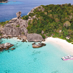 Aerial view of white sand and turquoise water in the Similan Islands