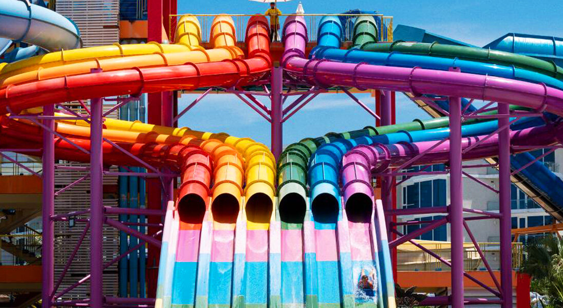Rainbow multi-lane racer slides at Splash Jungle Water Park, Phuket