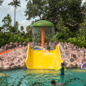 Kids pool with small slides and mushroom fountain at Splash Jungle Water Park