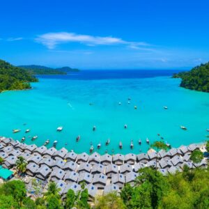 Bay and Moken village at the Surin Islands from the air