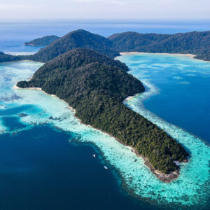 Aerial view of the Surin Islands and their shallow reefs