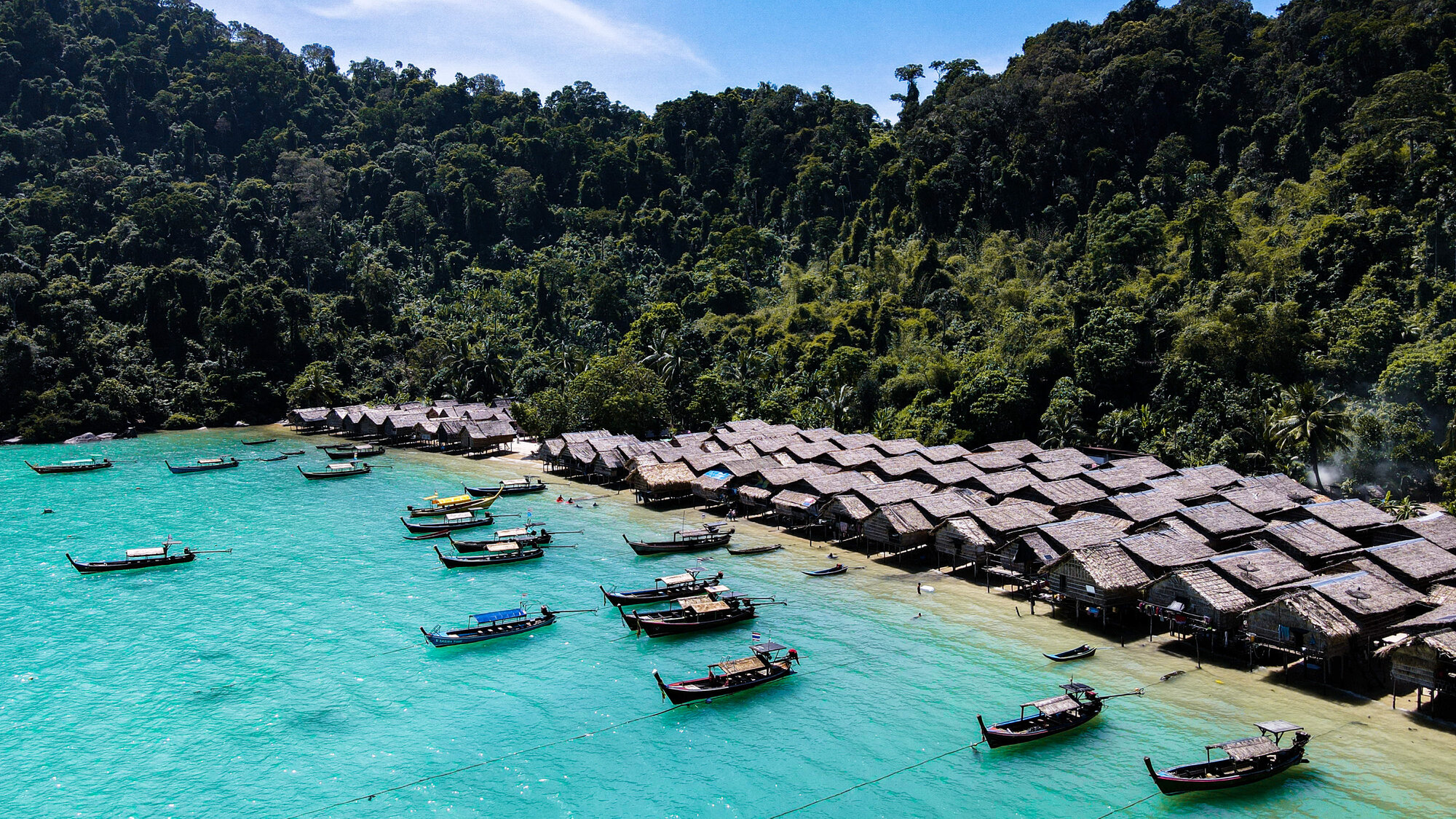 Aerial view of the Moken village bay in the Surin Islands