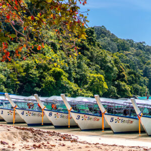 Moken long-tail boats pulled up on a Surin beach